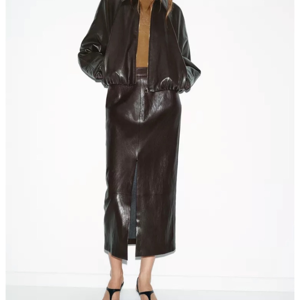 NWT Zara ZW Collection Limited Edition Faux Leather Midi Skirt Front Slit Brown